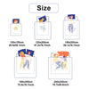 Size chart showing different bed sizes with illustrations of people on beds.