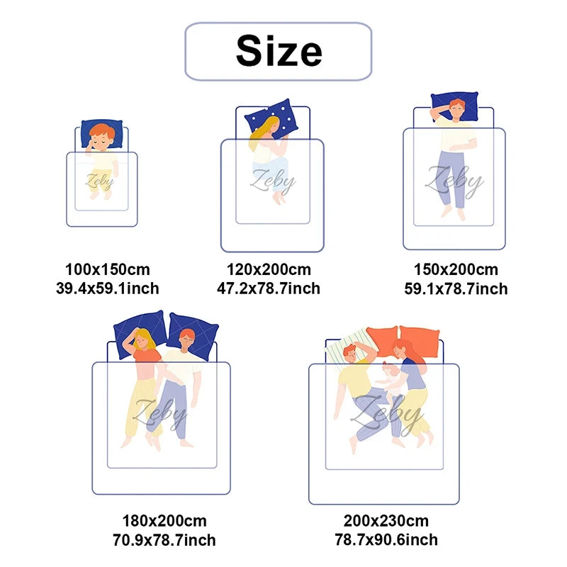 Size chart showing different bed sizes with illustrations of people on beds.