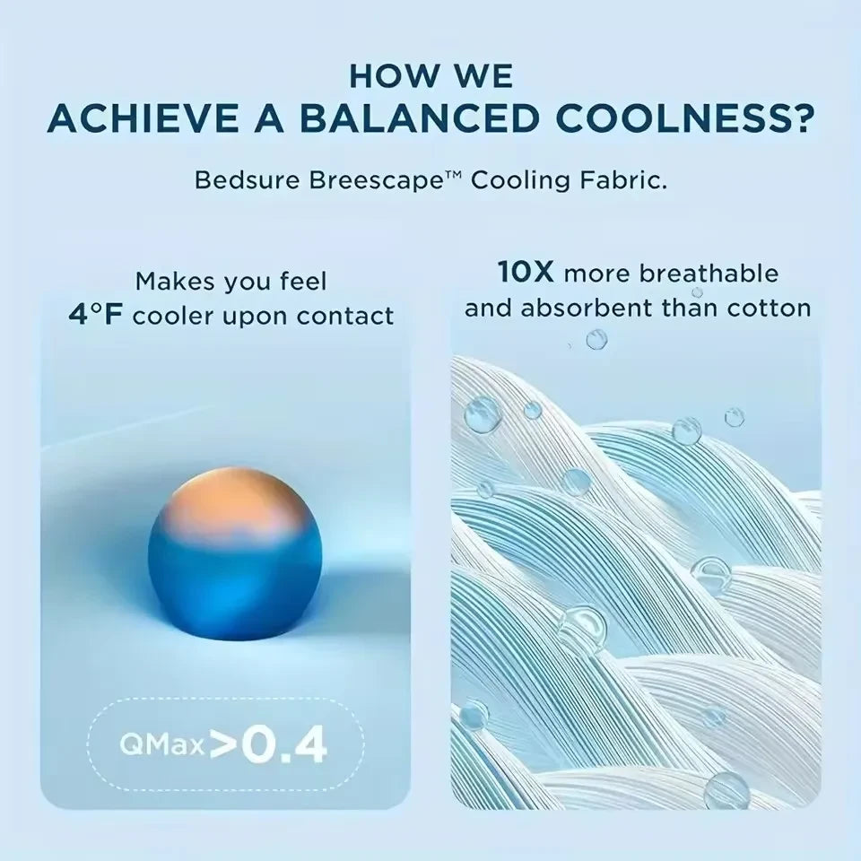 Advertisement for Bedsure Breescape cooling fabric with text and product image on a light blue background.